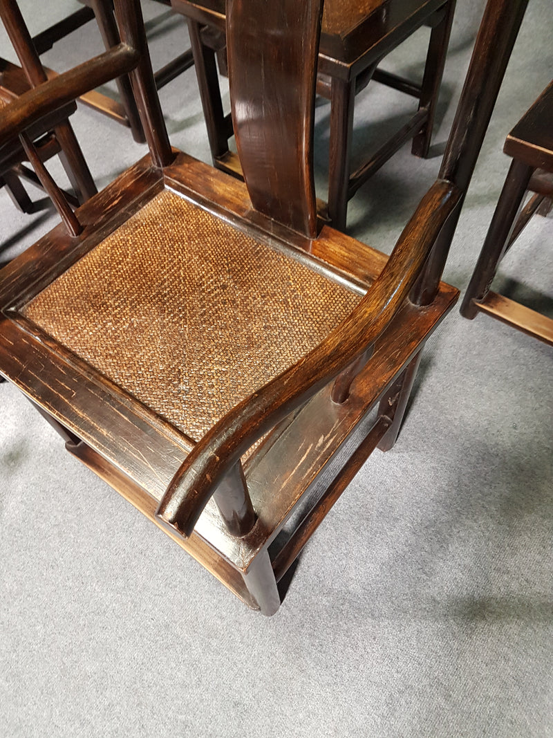 6 x Vintage Oriental Asian Chinese Brown Tallback Yokeback Side Chairs. 2 x armchair / 4 x without armrest.