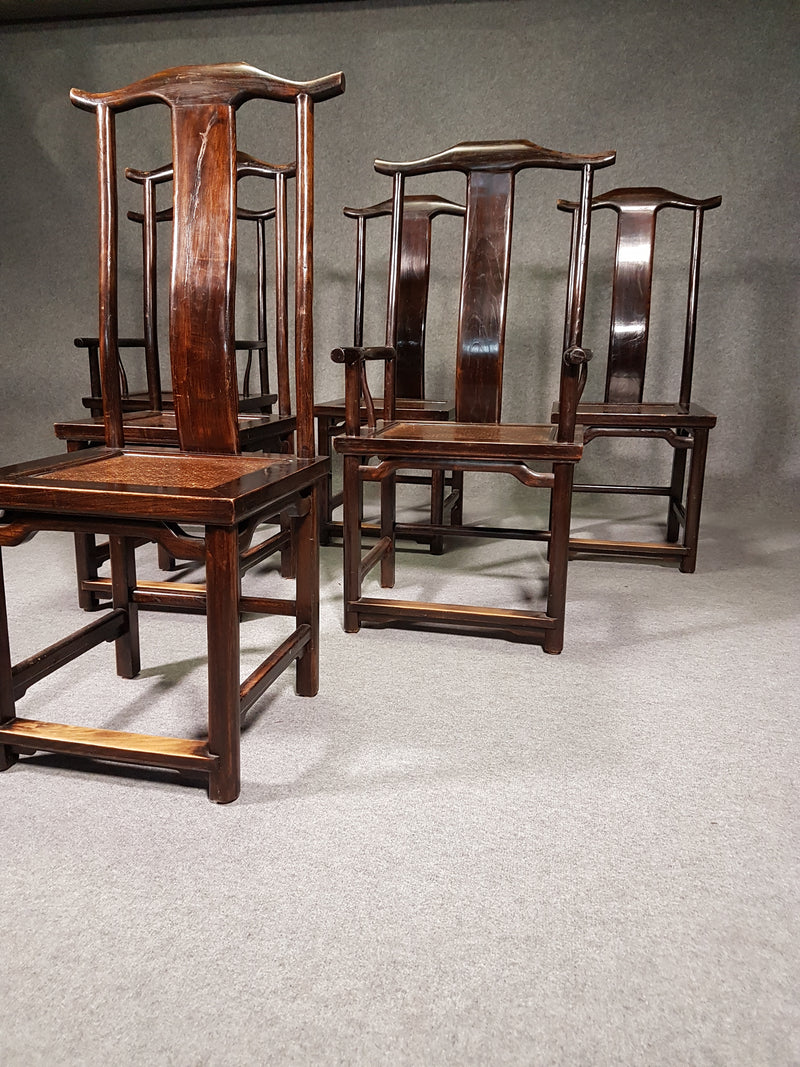 6 x Vintage Oriental Asian Chinese Brown Tallback Yokeback Side Chairs. 2 x armchair / 4 x without armrest.