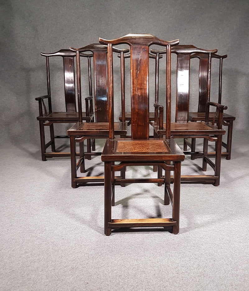 6 x Vintage Oriental Asian Chinese Brown Tallback Yokeback Side Chairs. 2 x armchair / 4 x without armrest.