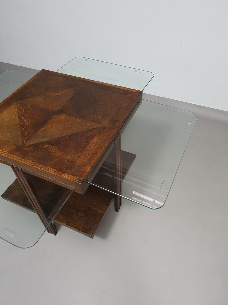 Side table with extendable glass blades. Never seen before / 68 x 68 x 65 height / unfolded 110 x 110