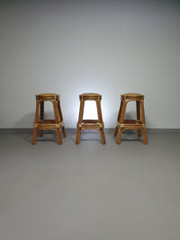 3 x Bamboo stool with leather laces / 70s.