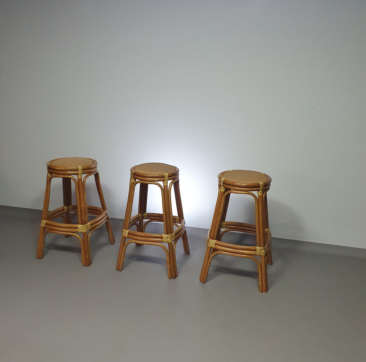 3 x Bamboo stool with leather laces / 70s.