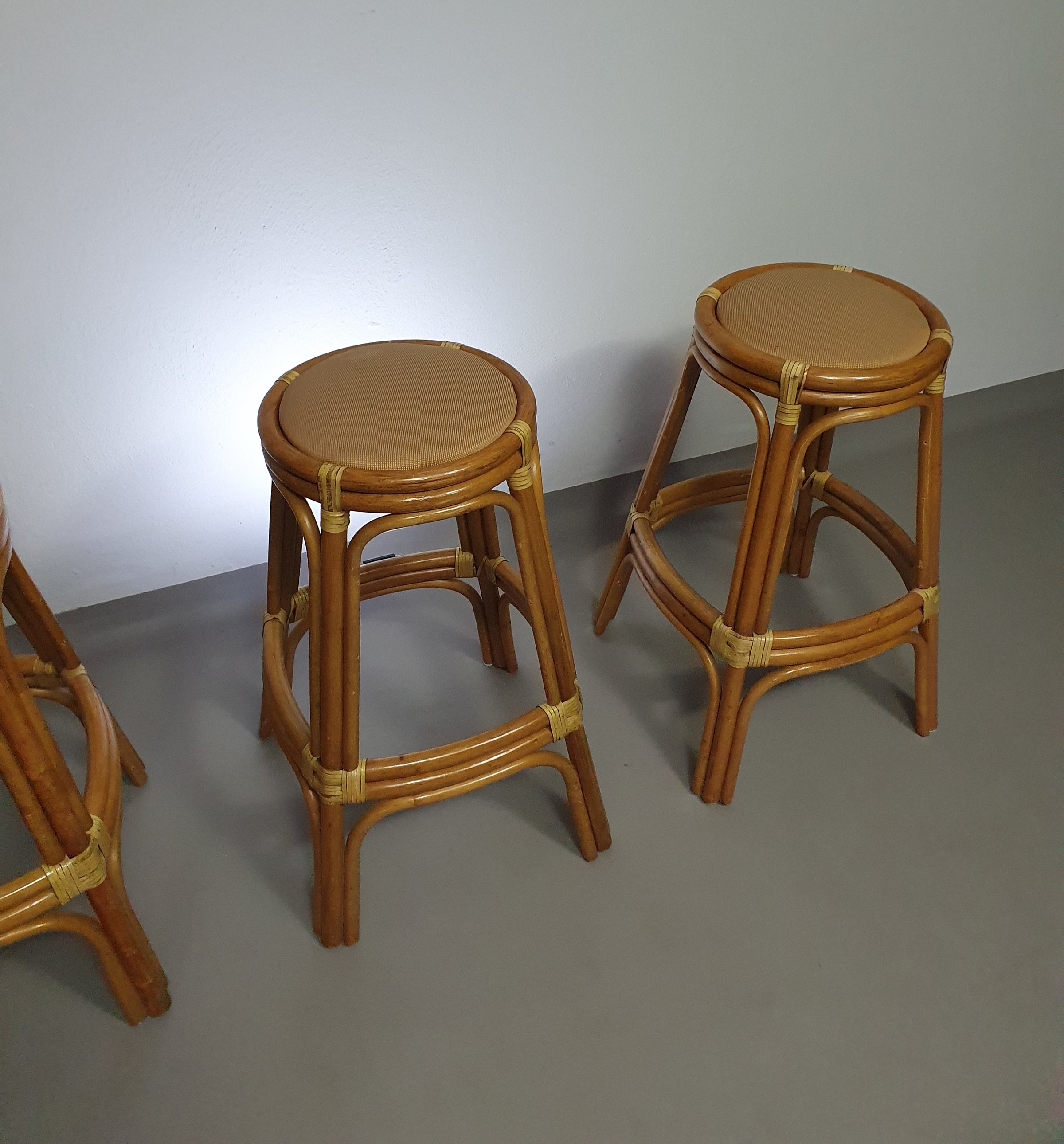 3 x Bamboo stool with leather laces / 70s.