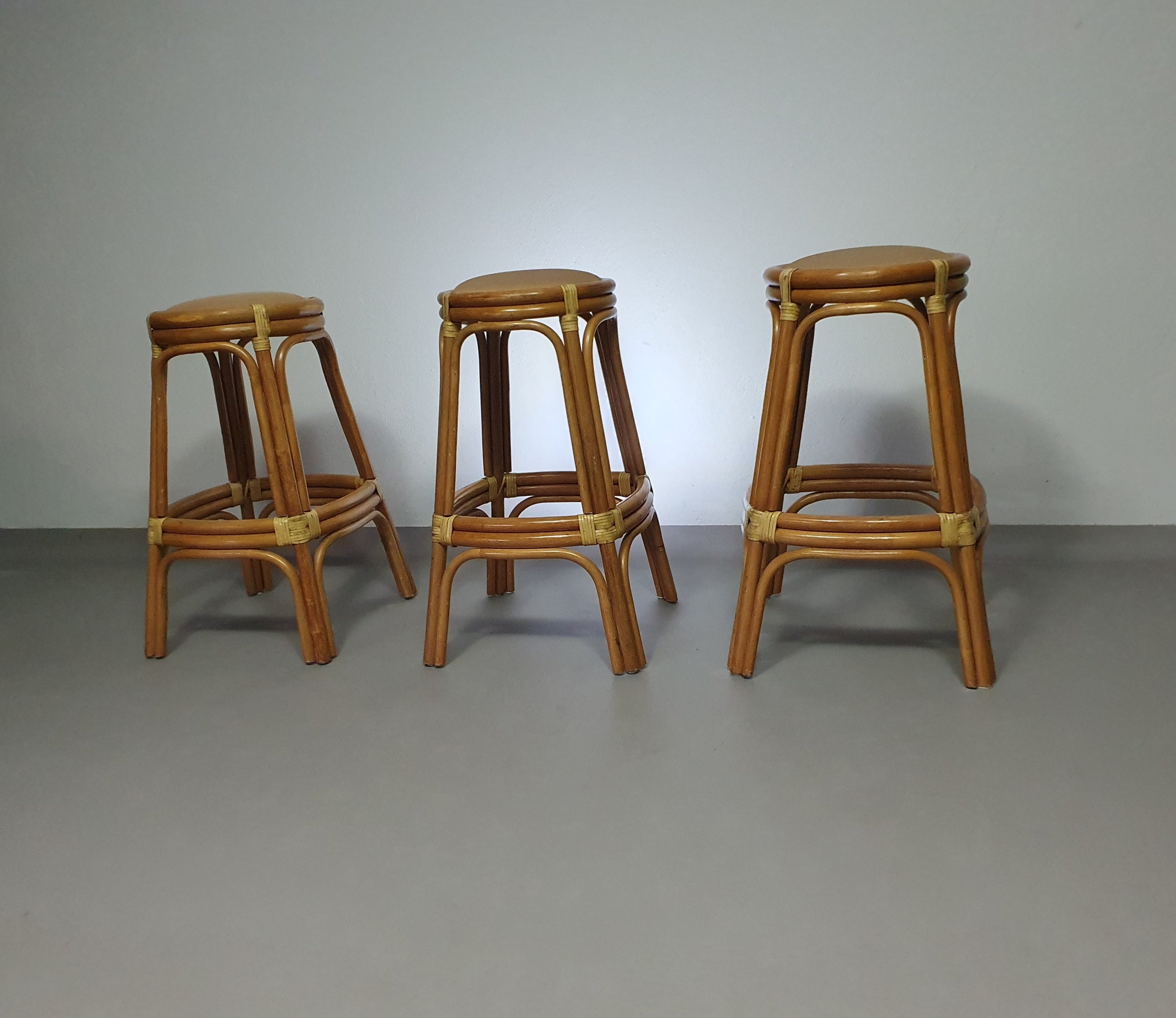 3 x Bamboo stool with leather laces / 70s.