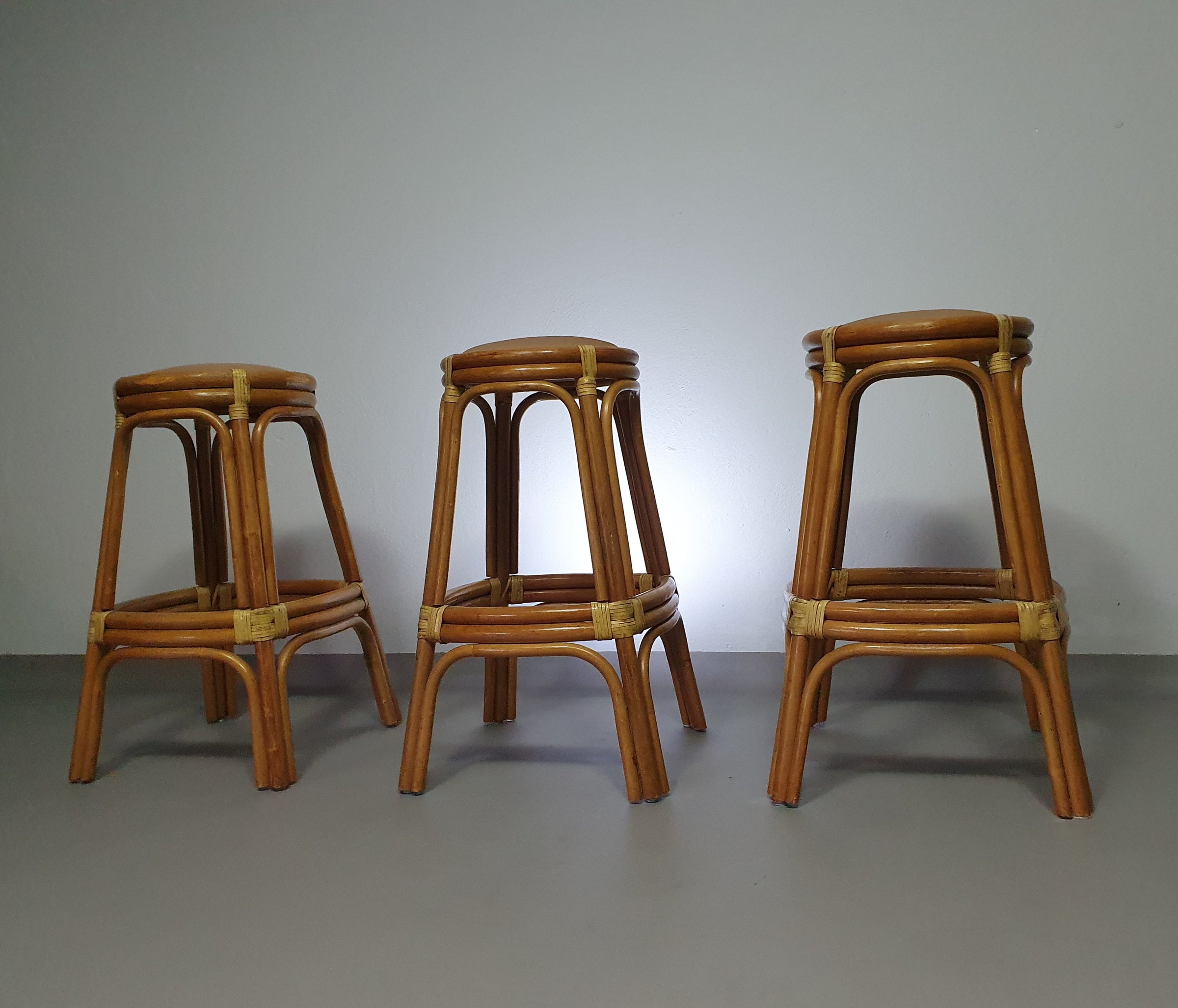 3 x Bamboo stool with leather laces / 70s.