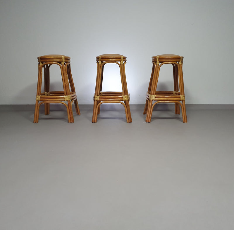 3 x Bamboo stool with leather laces / 70s.