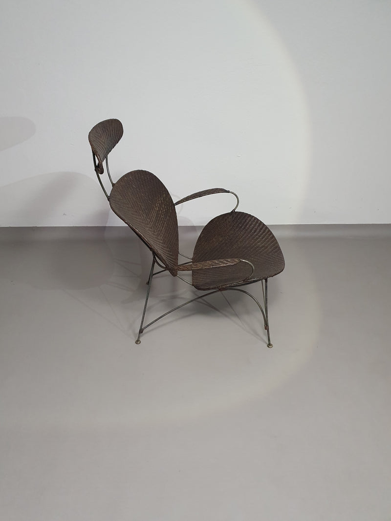 Brown rattan and metal lounge chair by Yuzuru Yamakawa, 1980s