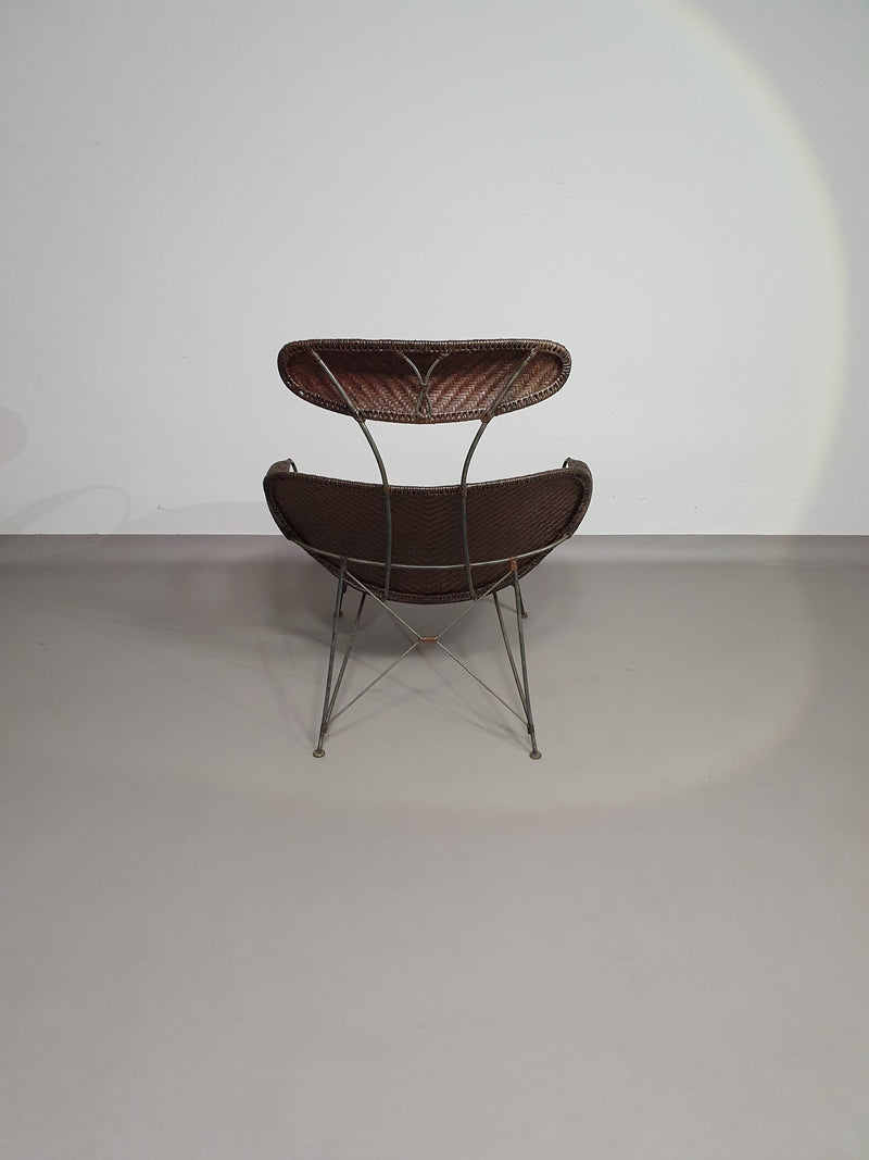 Brown rattan and metal lounge chair by Yuzuru Yamakawa, 1980s