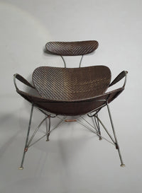 Brown rattan and metal lounge chair by Yuzuru Yamakawa, 1980s