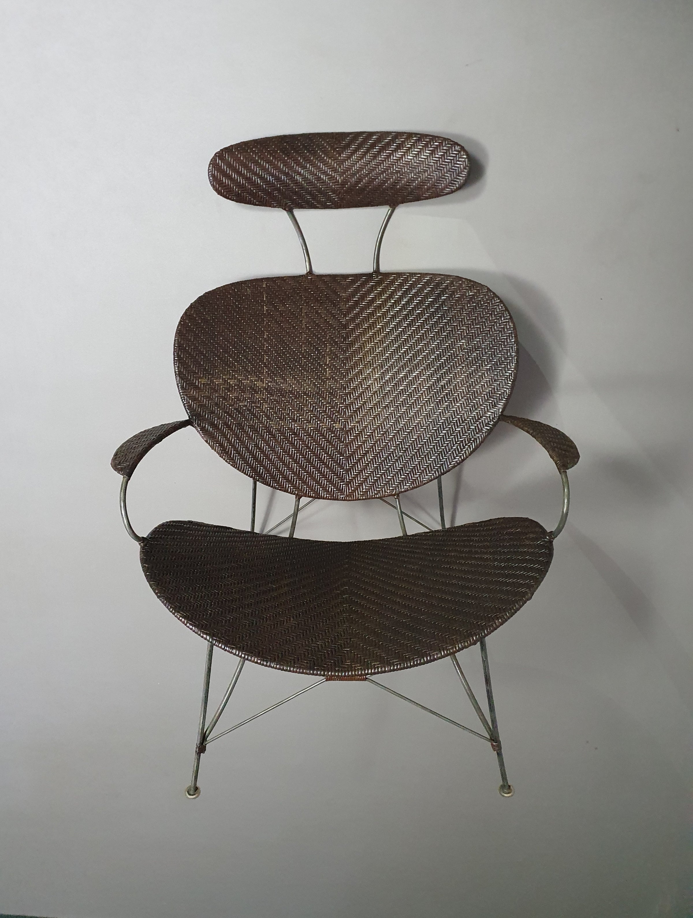 Brown rattan and metal lounge chair by Yuzuru Yamakawa, 1980s