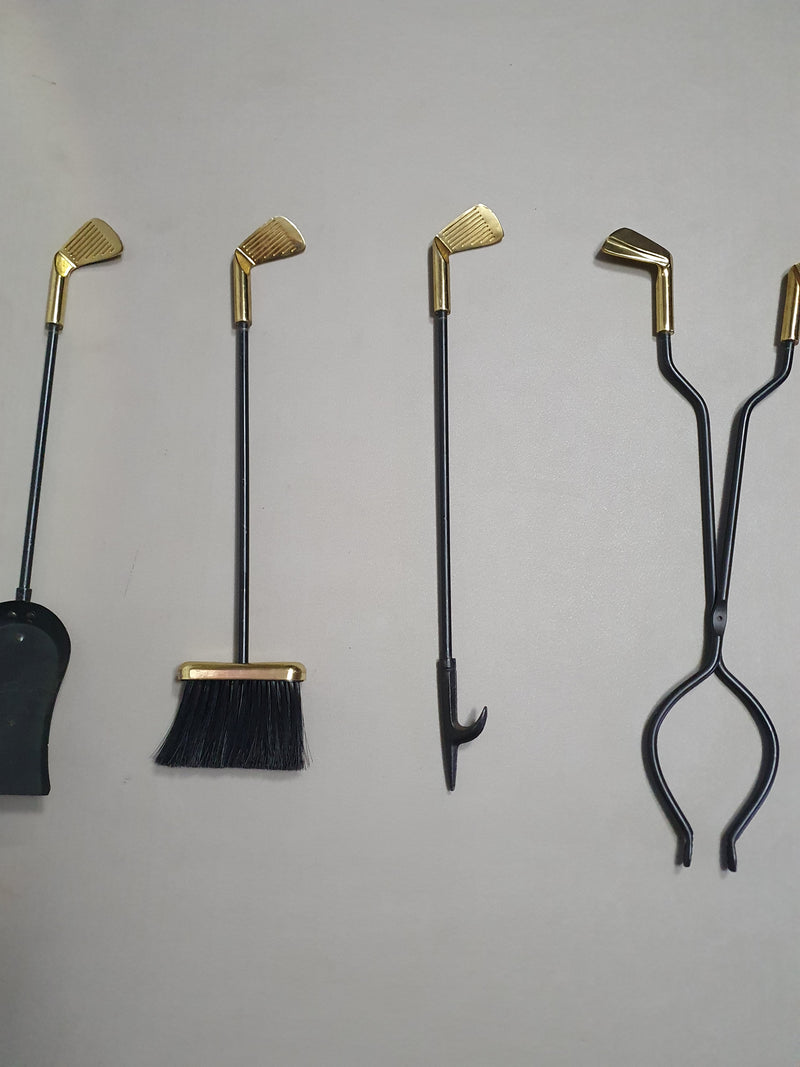 Vintage Set of five Brass Fireplace Tools in Golf Themed Clubs, France circa 1950's