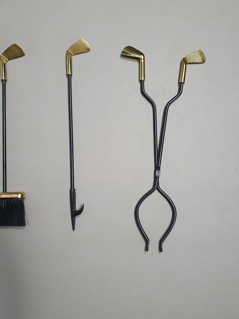 Vintage Set of five Brass Fireplace Tools in Golf Themed Clubs, France circa 1950's