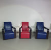 4 x Vintage Ying lounge chairs / fauteuils van Hugues Chevalier, jaren 1990. 3 x blauw / 1 x rood leer. Speciaal gemaakt in deze kleuren voor Tommy Hilfiger. Met gebruikssporen.