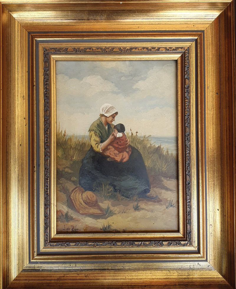 2 x Mother and child in the dunes, signed / J. de Zon (lower left ) / oil on wood