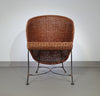 Small side table / chair with elegantly curved wrought iron legs enhanced by a woven rattan seat and top