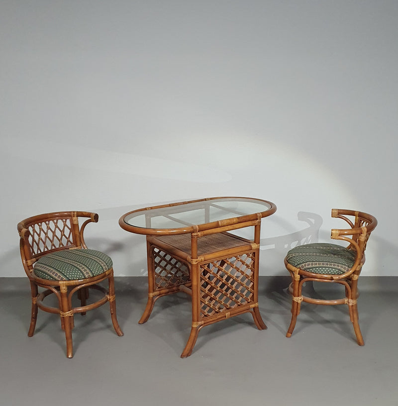 Rattan / bamboo Balcony side table / chairs set 1970s.