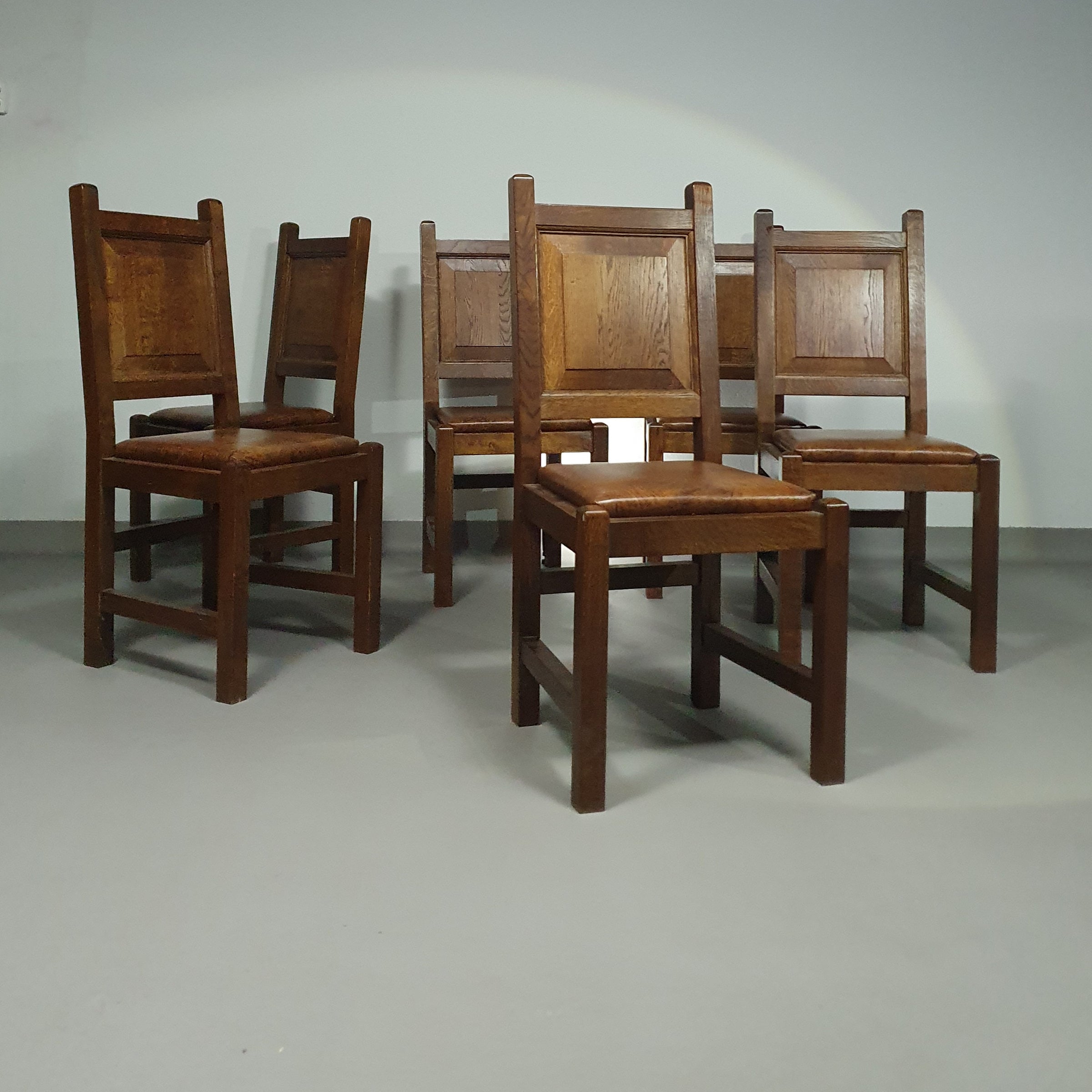 6 x Brutalist solid oak chairs mid century