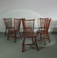 De Ster Geldermalsen Spindle Back dining chair 6 x in solid Oak. With a small carved decoration in the back rest.
1960s