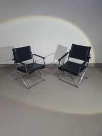 2 x 1986 Mark Singer EUROKA Leather/Chrome Campaign Folding Chair Glider MOMA Modern