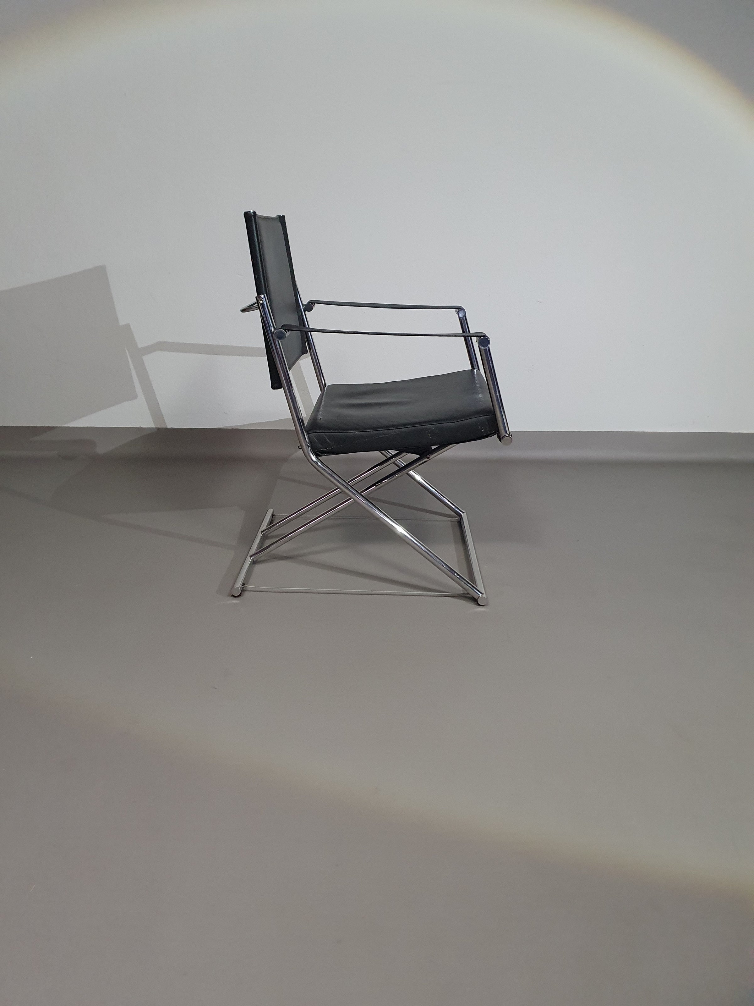 2 x 1986 Mark Singer EUROKA Leather/Chrome Campaign Folding Chair Glider MOMA Modern