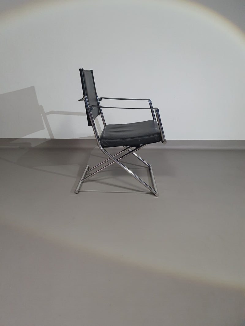 2 x 1986 Mark Singer EUROKA Leather/Chrome Campaign Folding Chair Glider MOMA Modern