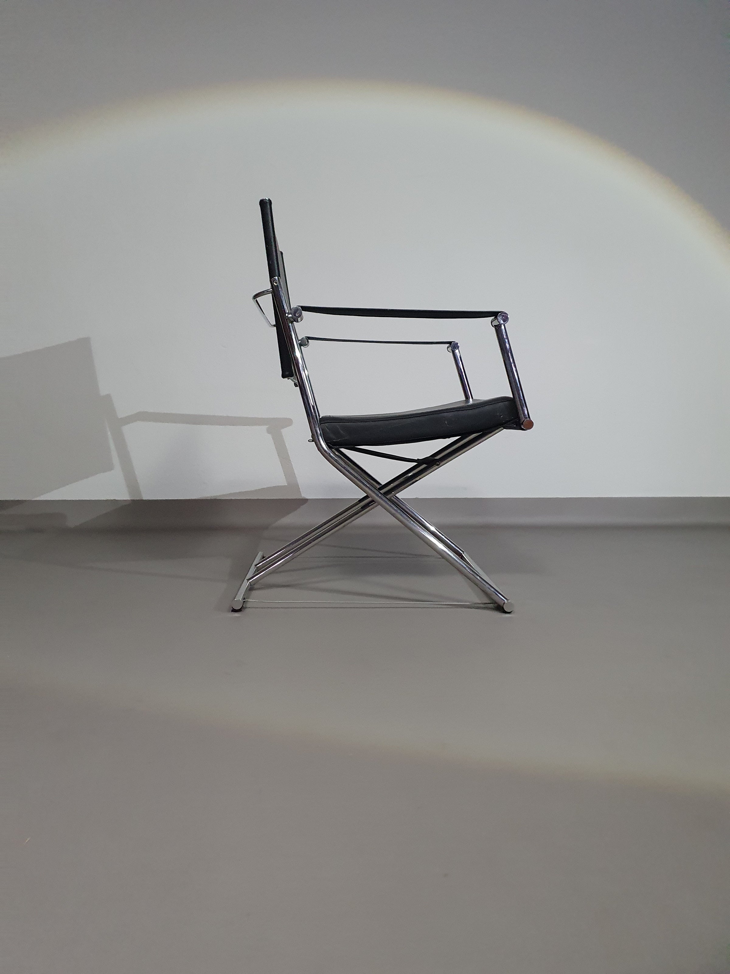 2 x 1986 Mark Singer EUROKA Leather/Chrome Campaign Folding Chair Glider MOMA Modern