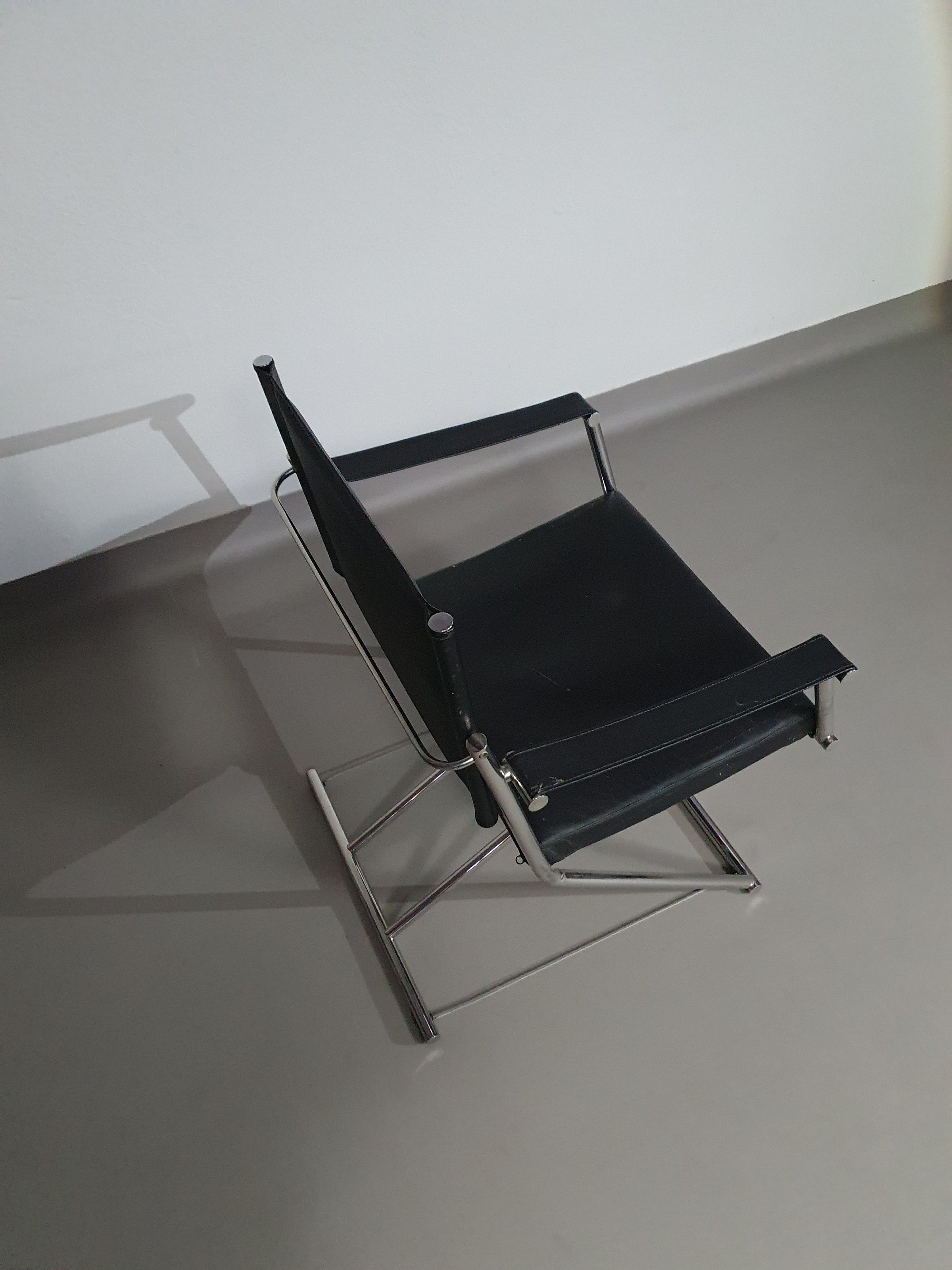 2 x 1986 Mark Singer EUROKA Leather/Chrome Campaign Folding Chair Glider MOMA Modern