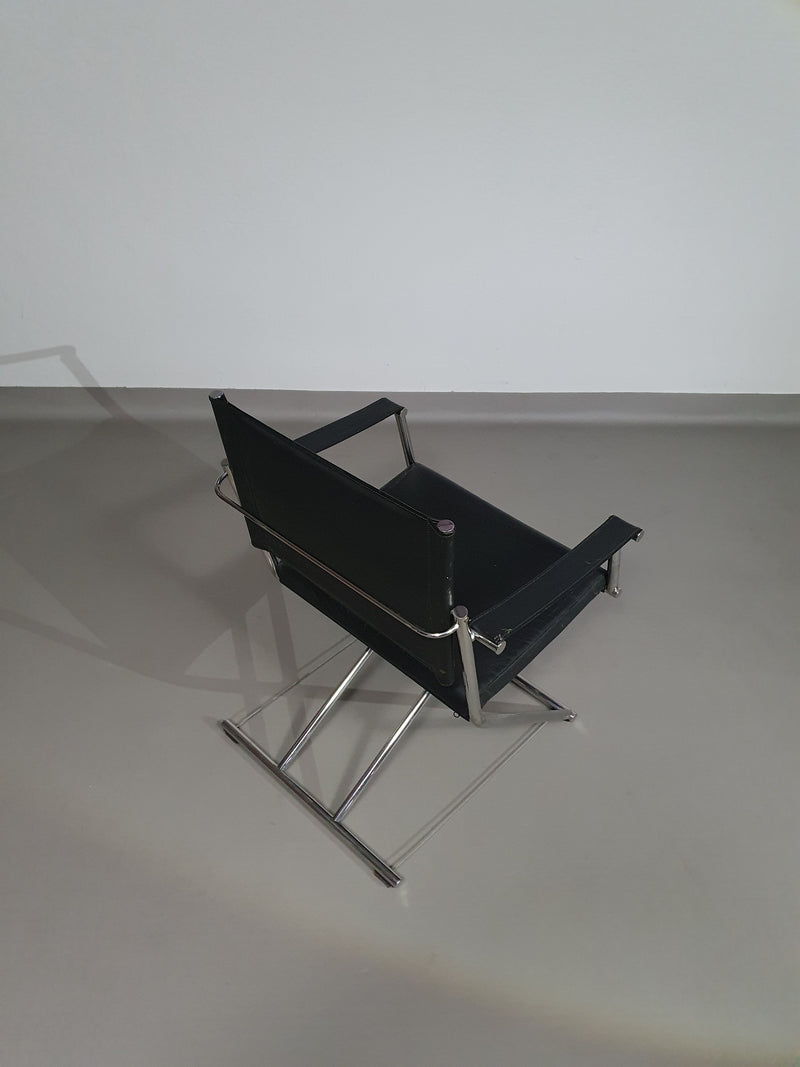 2 x 1986 Mark Singer EUROKA Leather/Chrome Campaign Folding Chair Glider MOMA Modern