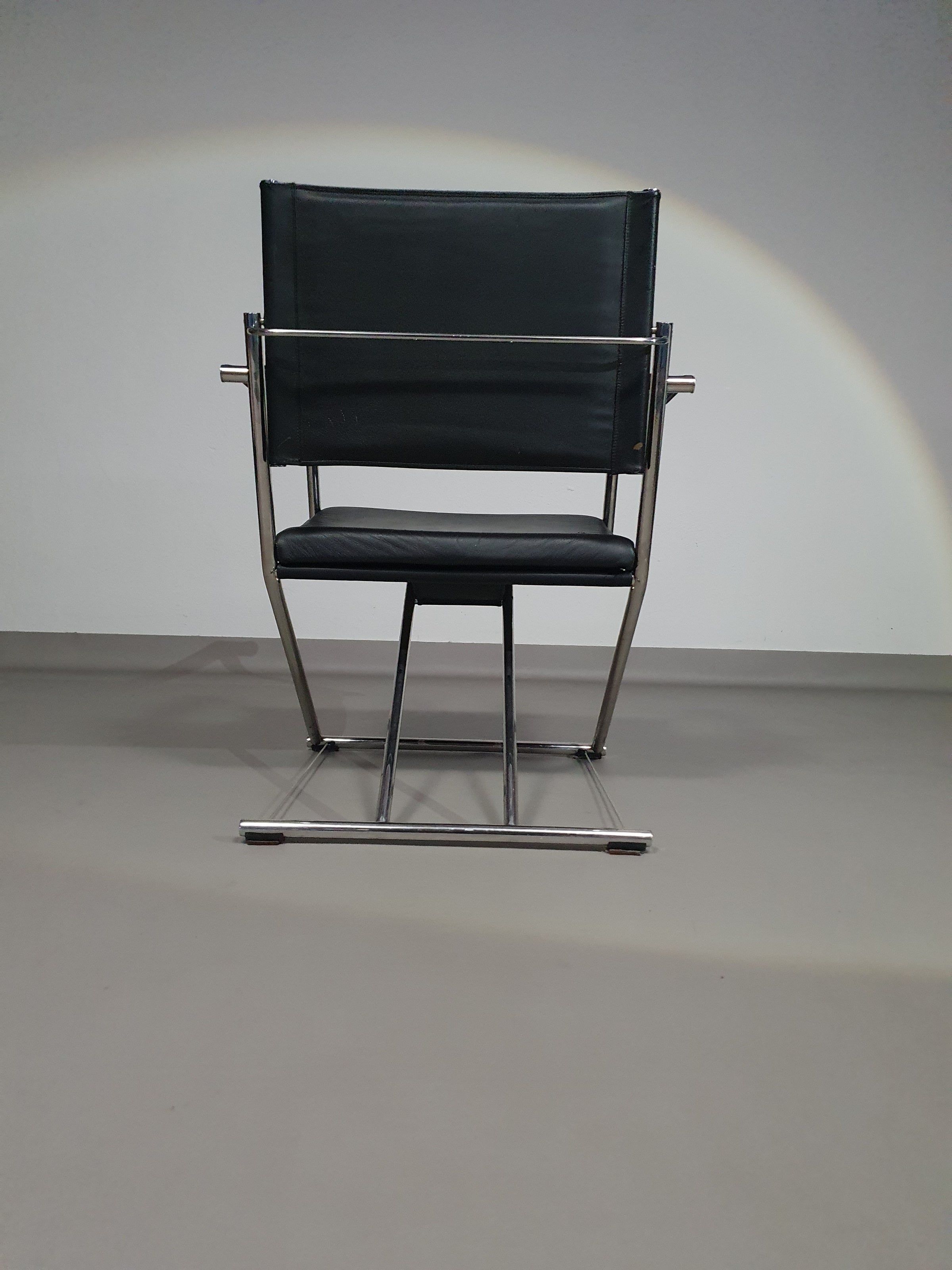 2 x 1986 Mark Singer EUROKA Leather/Chrome Campaign Folding Chair Glider MOMA Modern