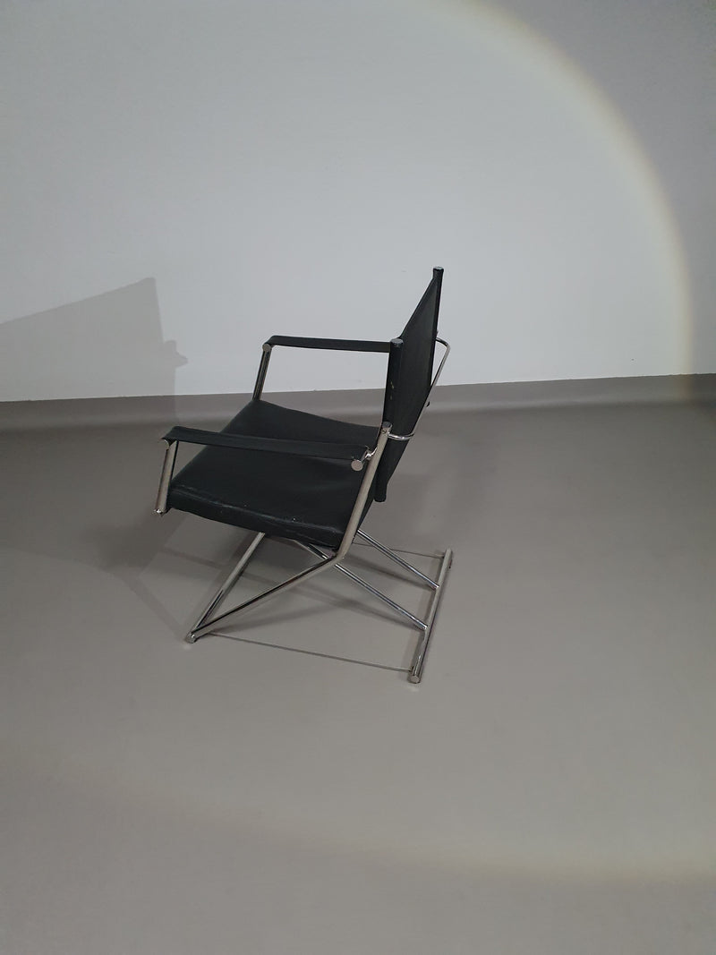 2 x 1986 Mark Singer EUROKA Leather/Chrome Campaign Folding Chair Glider MOMA Modern