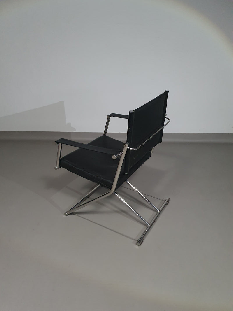 2 x 1986 Mark Singer EUROKA Leather/Chrome Campaign Folding Chair Glider MOMA Modern