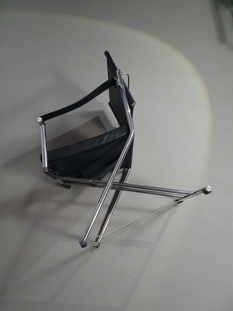 2 x 1986 Mark Singer EUROKA Leather/Chrome Campaign Folding Chair Glider MOMA Modern