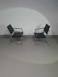 2 x 1986 Mark Singer EUROKA Leather/Chrome Campaign Folding Chair Glider MOMA Modern