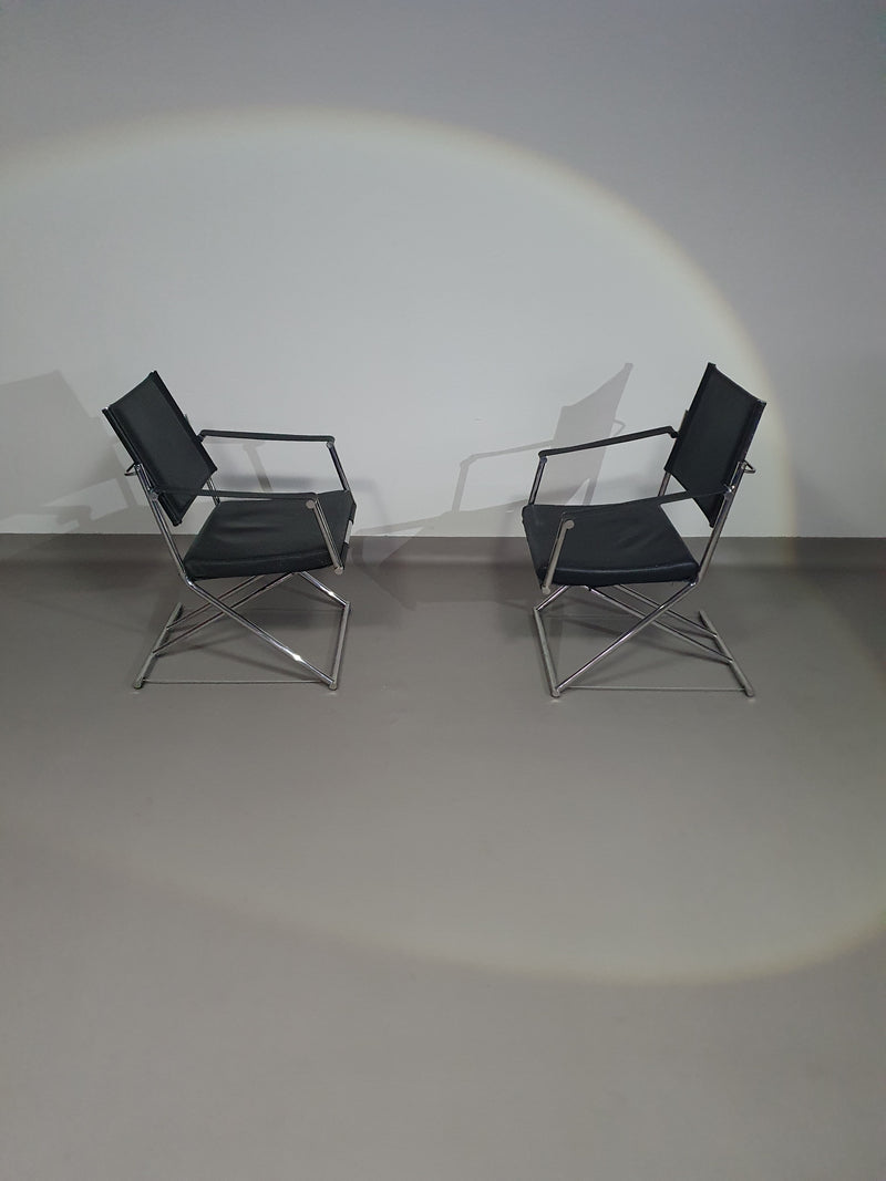 2 x 1986 Mark Singer EUROKA Leather/Chrome Campaign Folding Chair Glider MOMA Modern