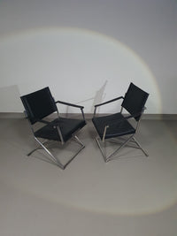 2 x 1986 Mark Singer EUROKA Leather/Chrome Campaign Folding Chair Glider MOMA Modern