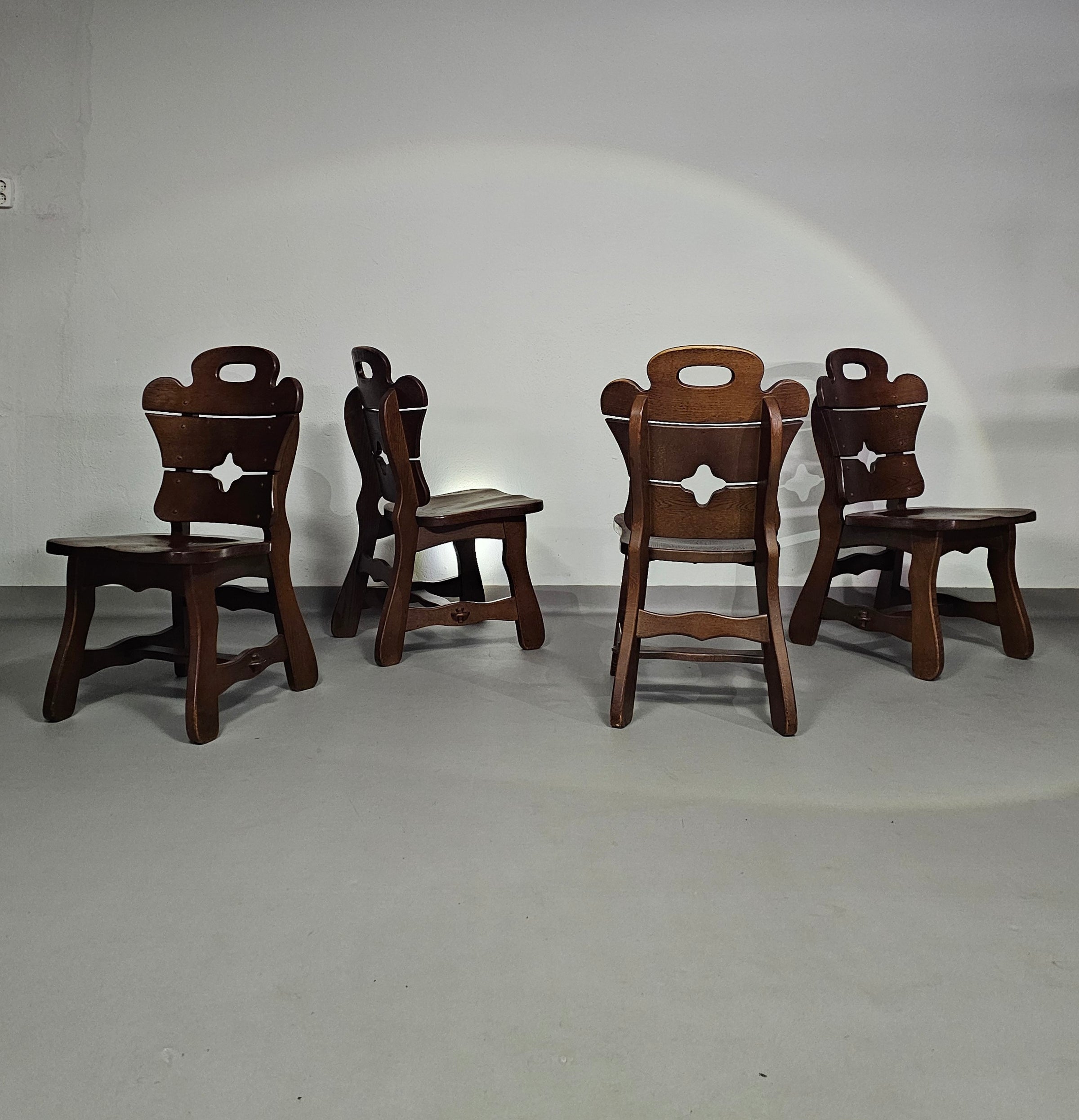 4 x Brutalist oak dining chairs / 60's