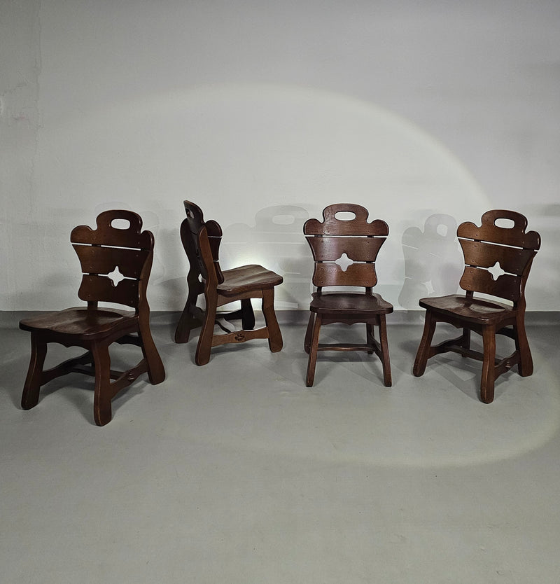 4 x Brutalist oak dining chairs / 60's