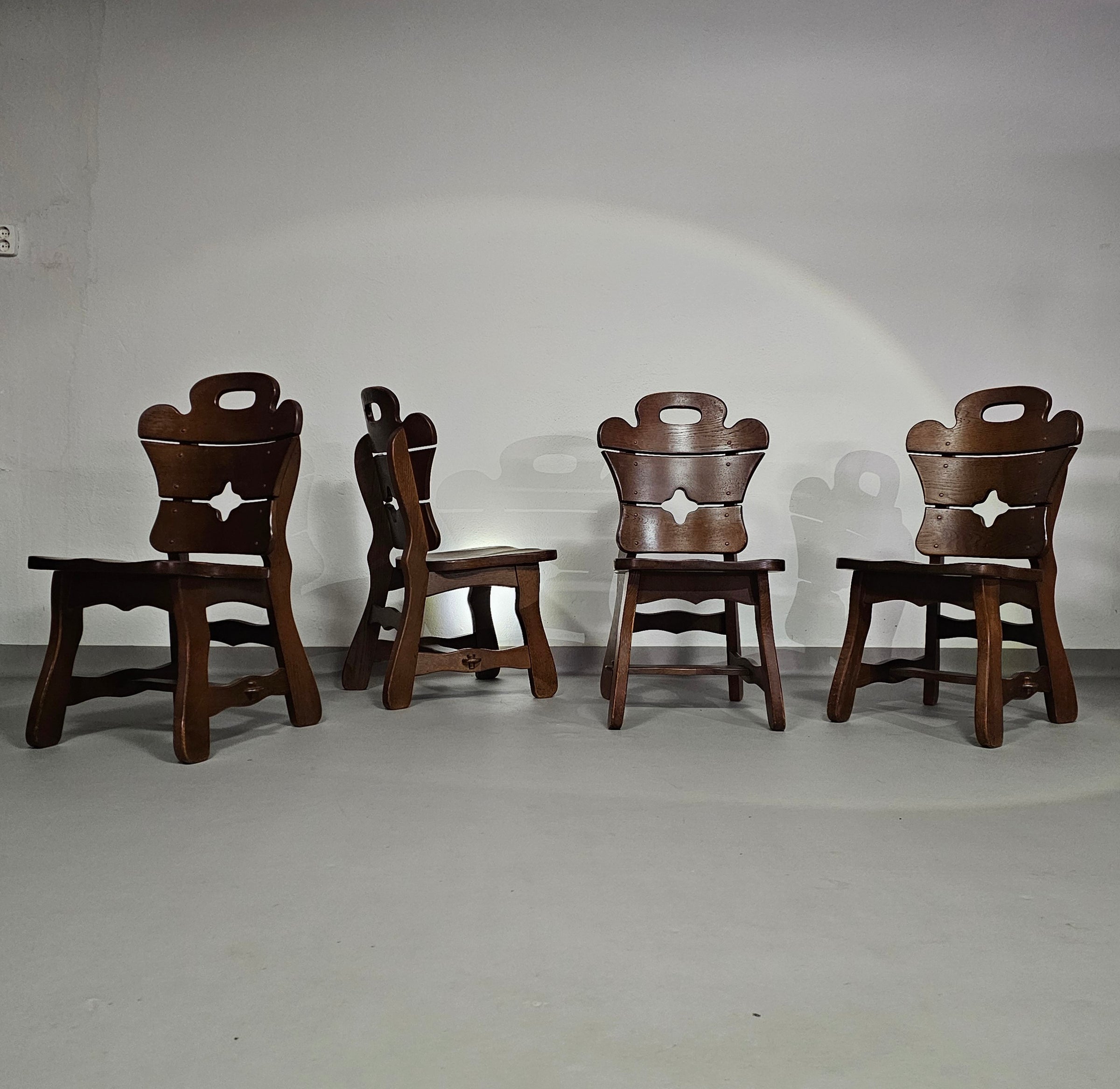 4 x Brutalist oak dining chairs / 60's