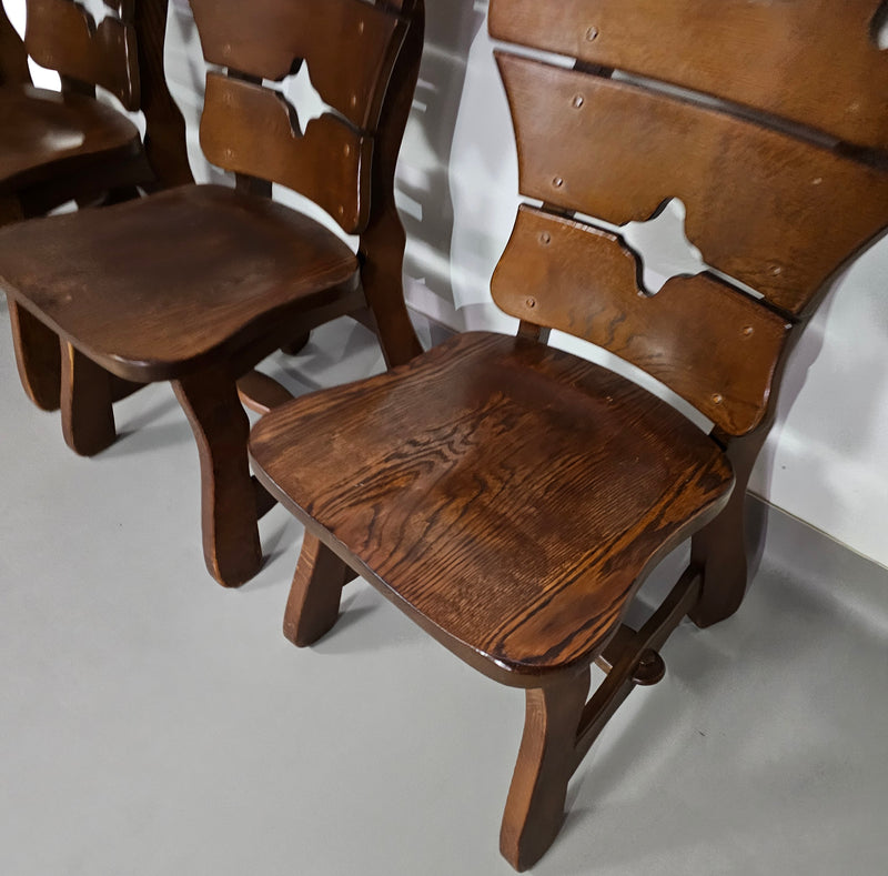 4 x Brutalist oak dining chairs / 60's