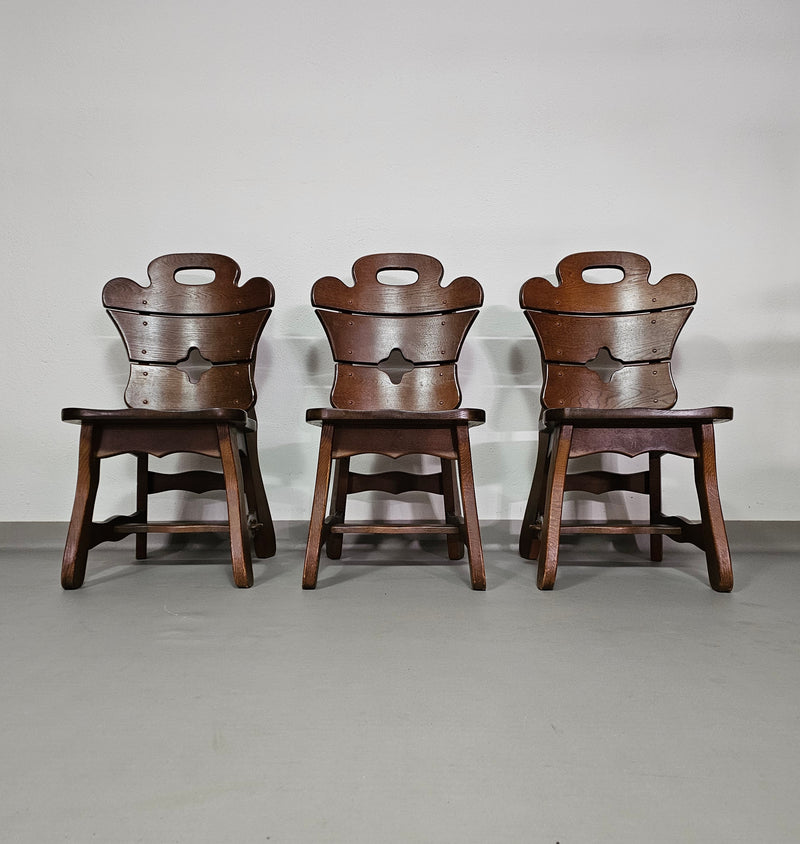 4 x Brutalist oak dining chairs / 60's