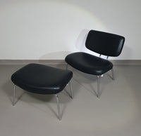 Rare Zanotta Clea set / lounge chair / hocker / black leather / 90s / marked