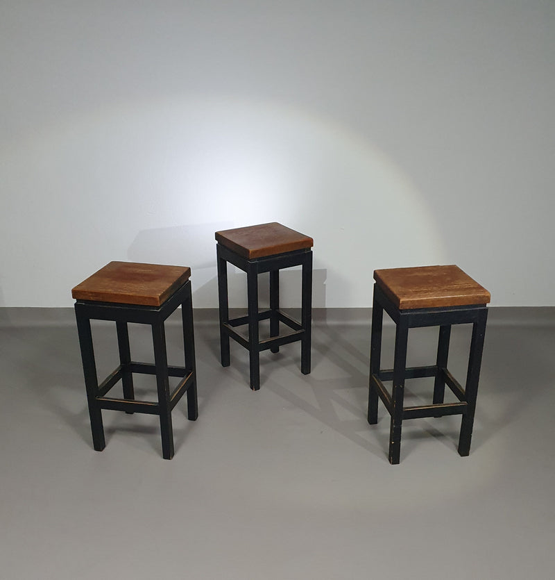 3 x Oak construction stools 1960s