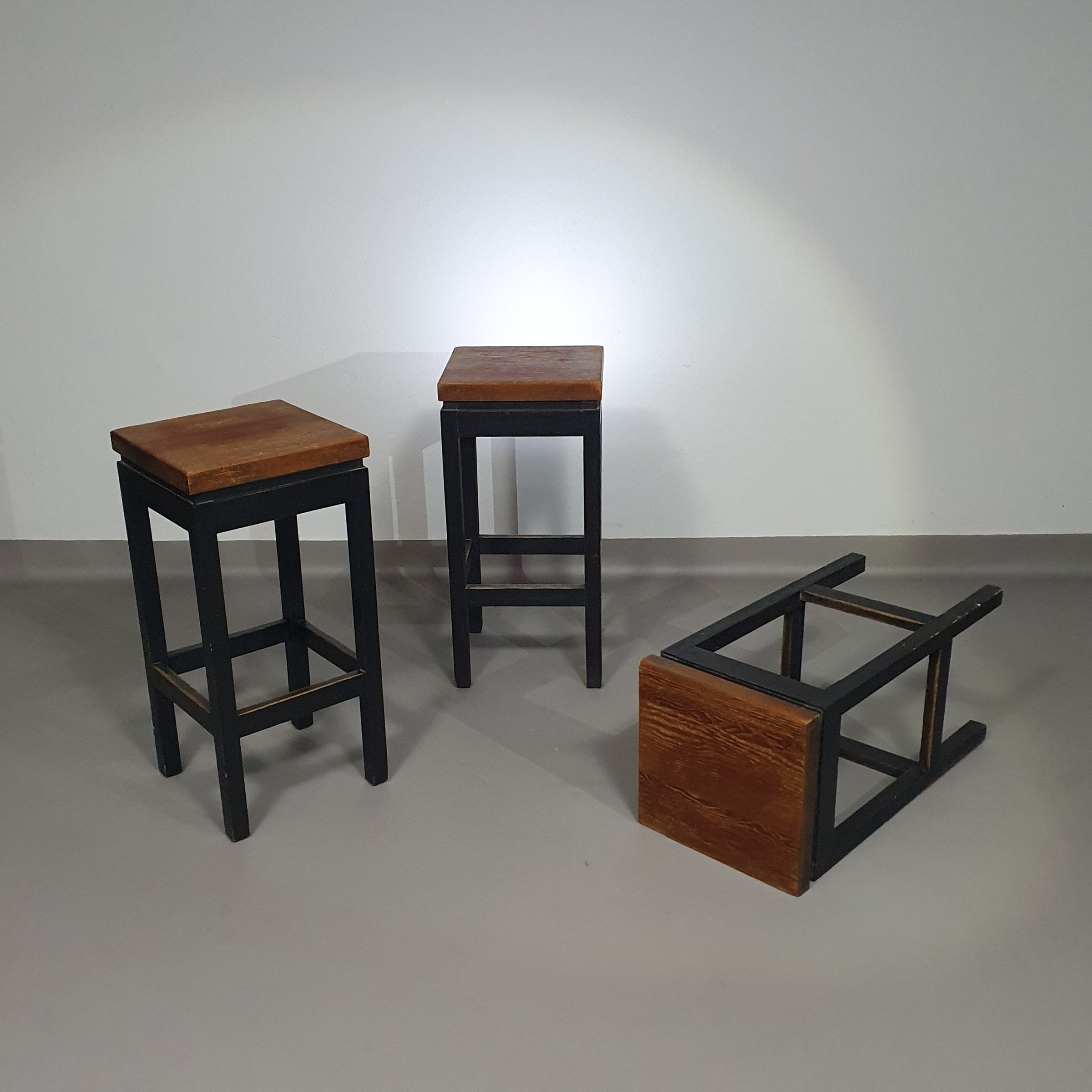 3 x Oak construction stools 1960s