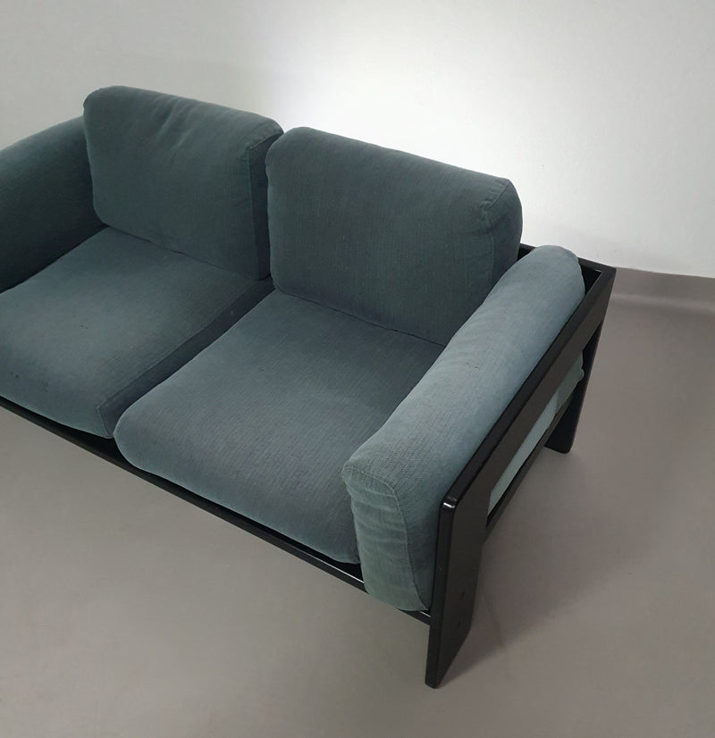 Two-seat sofa “Bastiano” from  Afra & Tobia Scarpa for Gavina, Italy 60s. Black solid wood frame and fabric cushions.