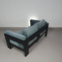 Two-seat sofa “Bastiano” from  Afra & Tobia Scarpa for Gavina, Italy 60s. Black solid wood frame and fabric cushions.