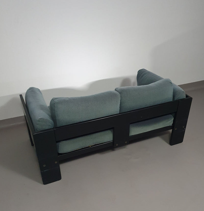 Two-seat sofa “Bastiano” from  Afra & Tobia Scarpa for Gavina, Italy 60s. Black solid wood frame and fabric cushions.