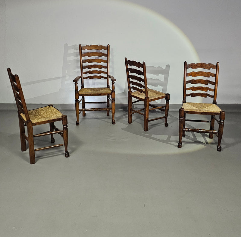 Set of 4 oak, rustic, farmhouse, ladderback dining chairs with rush seats 1960s