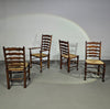 Set of 4 oak, rustic, farmhouse, ladderback dining chairs with rush seats 1960s