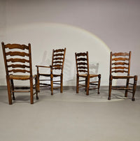 Set of 4 oak, rustic, farmhouse, ladderback dining chairs with rush seats 1960s