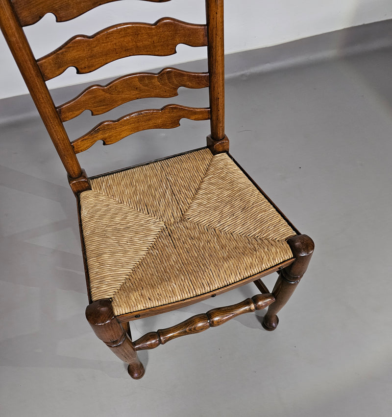 Set of 4 oak, rustic, farmhouse, ladderback dining chairs with rush seats 1960s